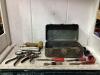 TOOL BOX W/ CHISELS, BRAD NAILER, HOLE SAW BITS & MISCELLANEOUS