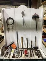 SHOP BOX OF MISCELLANEOUS W/ HAMMERS, DRILL BITS, FLASHLIGHT & CLAMPS