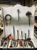 SHOP BOX OF MISCELLANEOUS W/ HAMMERS, DRILL BITS, FLASHLIGHT & CLAMPS