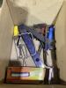 SHOP BOX OF MISCELLANEOUS W/ HAMMERS, DRILL BITS, FLASHLIGHT & CLAMPS - 7