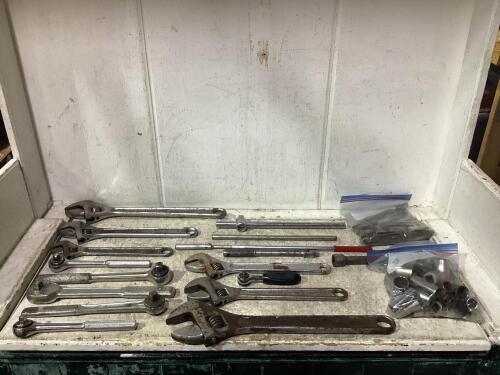 SHOP BOX OF MIXED WRENCHES, RATCHETS, SOCKETS & MISCELLANEOUS - SAE & METRIC