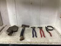 SHOP FLAT OF MIXED TOOLS W/ SHOVEL HEAD, HATCHET, OIL WRENCH & PILERS
