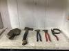 SHOP FLAT OF MIXED TOOLS W/ SHOVEL HEAD, HATCHET, OIL WRENCH & PILERS