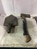 SHOP FLAT OF MIXED TOOLS W/ SHOVEL HEAD, HATCHET, OIL WRENCH & PILERS - 2