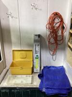 SHOP BOX OF MISCELLANEOUS W/ EXTENSION CORD, TARP, WEED-EX & SMALL BOX