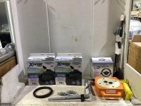 SHOP BOX OF MISCELLANEOUS W/ X-HOSE PRO, DRILL PUMP KIT & EXTENSION CORD REEL