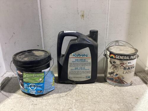SHOP FLAT W/ (2) PAINT PAILS & ENGINE OIL