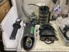 SHOP BOX OF MISCELLANECOUS W/ SAFETY GLASSES, BATTERY TESTER, OIL WRENCH, ANGLE GRINDER GUARDS & METAL WIRE - 2