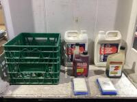 SHOP CRATE OF MIXED FLUIDS & AIR FILTERS