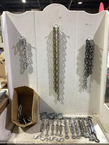 SHOP BOX OF MIXED TURN-BUCKLE PARTS & CHAINS