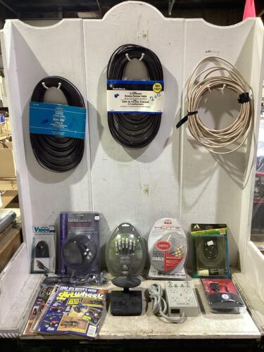 SHOP TOTE OF MIXED CABLES, MAGAZINES, 3D GLASSES, POWER STRIP & MISCELLANEOUS