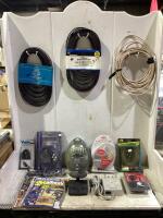 SHOP TOTE OF MIXED CABLES, MAGAZINES, 3D GLASSES, POWER STRIP & MISCELLANEOUS