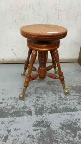 ANTIQUE PIANO STOOL W/ BRASS LEGS, GLASS BALL FEET