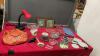 BOX W/ SMALL DESK LAMP, LEATHER PURSE, (2) SMALL PICTURES, SMALL MIRRORS, MINI FORKS, WALRUS &ldquo;BOMA&rdquo;ORNAMENT