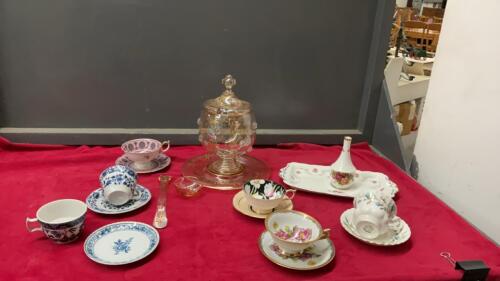 (2) BOXES W/ TEA CUPS & SAUCERS, DECORATIVE GLASS PUMCH BOWL W/ LID, ROYAL ALBERT PLATTER & SMALL VASE