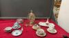 (2) BOXES W/ TEA CUPS & SAUCERS, DECORATIVE GLASS PUMCH BOWL W/ LID, ROYAL ALBERT PLATTER & SMALL VASE