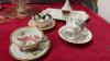 (2) BOXES W/ TEA CUPS & SAUCERS, DECORATIVE GLASS PUMCH BOWL W/ LID, ROYAL ALBERT PLATTER & SMALL VASE - 4