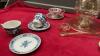 (2) BOXES W/ TEA CUPS & SAUCERS, DECORATIVE GLASS PUMCH BOWL W/ LID, ROYAL ALBERT PLATTER & SMALL VASE - 5