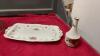 (2) BOXES W/ TEA CUPS & SAUCERS, DECORATIVE GLASS PUMCH BOWL W/ LID, ROYAL ALBERT PLATTER & SMALL VASE - 6