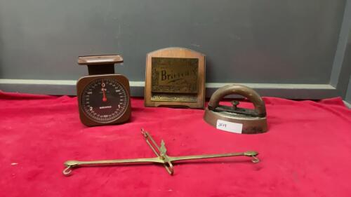 SAD IRON, SOEHNLE PLASTIC SCALE, BRASS SCALE PIECE, LETTER HOLDER