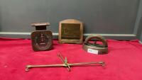 SAD IRON, SOEHNLE PLASTIC SCALE, BRASS SCALE PIECE, LETTER HOLDER