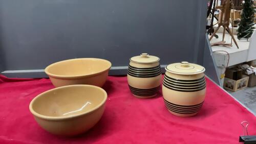 (2) POTTERY BOWLS, & (2) POTTERY CANISTER