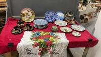 COLLECTIBLE PLATES, GREEN GLASS JAR, SUGAR BOWL W/ (2) CUPS & SAUCERS