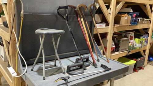 CLEAR TOTE W/ASSORTED CANES + FOLDING STOOL