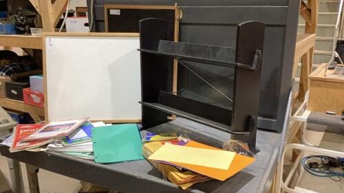 SMALL BOOK CASE, BOX W/ASSORTED PAPER, CORK BOARD, PIN BOARD