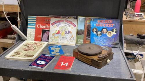 BOX W/ANTIQUE SNI-DOR TURNTABLE , LP RECORDS, BOOKS ABOUT ANTIQUES