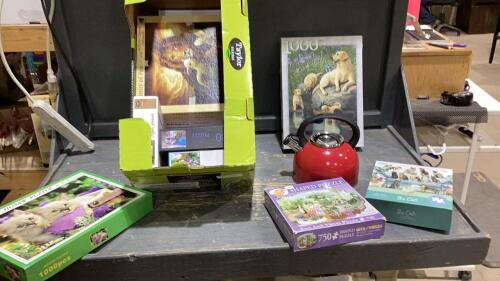 BOX OF ASSORTED PUZZLES AND A KETTLE