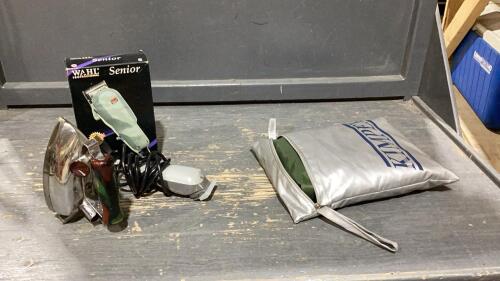 BOX W/ ANTIQUE IRON, 2 SETS OF CLIPPERS, MOTORCYCLE COVER