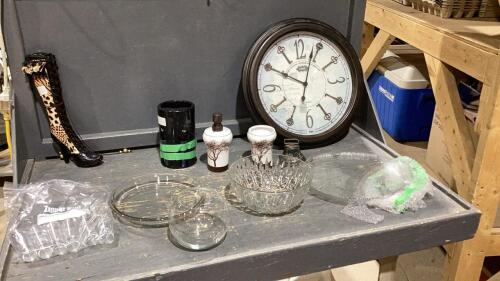 BOX W/ CLOCK, BOOT BANK, GLASS TRAY, BELL, COIN SORTER, SWISS BELL