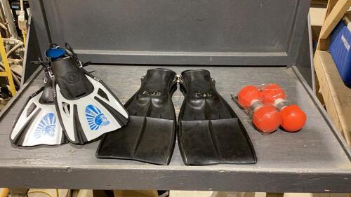 BOX W/ (2)SETS OF FLIPPERS + MARKER BUOYS
