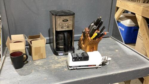 CUISINART COFFEE MAKER , COFFEE MUGS, KNIFE BLOCK W/KNIVES, KNIFE SHARPENER,
