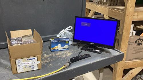 (2) ITEMS -BOX OF ASSORTED LIGHT BULBS, PLUMBING SUPPLY + RCA TV