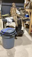 RUBBERMAID GARBAGE BIN W/ HODGMAN HIP WADERS -SIZE 10, COVER UP PANTS, NECK WARMERS, HOODIES,
