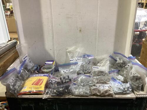 SHOP PAIL OF MIXED BITS W/ WASHERS, BOLTS, NUTS, ELETRIC FENCE CONNECTORS & MISCELLANEOUS
