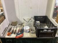 SHOP TOTE W/ SCREWDRIVERS, SAW, RIVETS & MISCELLANEOUS