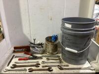 SHOP PAIL OF MIXED WRENCHES, PILERS & MISCELLANEOUS