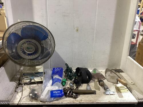 SHOP TOTE OF MISCELLANEOUS W/ TROWELS, ELETRIC FAN, HINGES & EXTENSION CORD