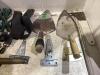 SHOP TOTE OF MISCELLANEOUS W/ TROWELS, ELETRIC FAN, HINGES & EXTENSION CORD - 4