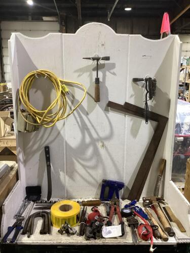 SHOP PAIL W/ CARPENTER SQUARE, EXTENSION CORD, HAMMER & MISCELLANEOUS