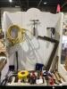 SHOP PAIL W/ CARPENTER SQUARE, EXTENSION CORD, HAMMER & MISCELLANEOUS