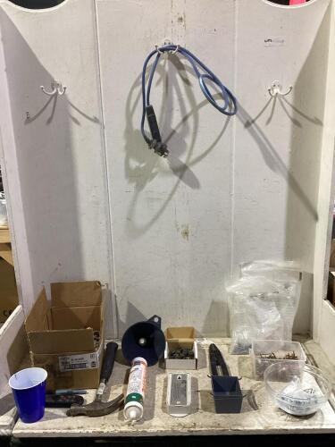 SHOP CRATE W/ SCREWS, NUTS, HAMMER, EXTENSION CORD & MISCELLANEOUS