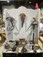 SHOP OF MIXED TOOLS W/ SAWS, HAND PUMP, LIGHTS, HAMMER, OIL FILTER & MISCELLANEOUS