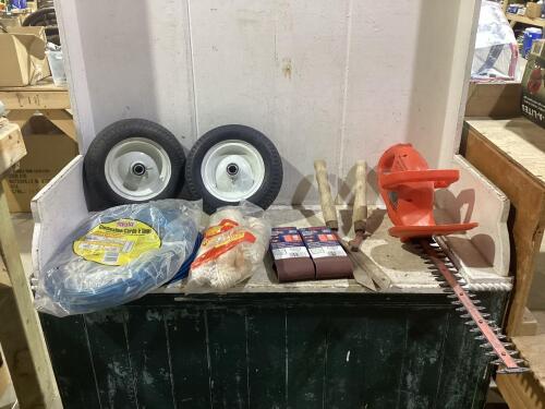SHOP BOX W/ DOLLY WHEELS, HEDGE TRIMMER, SHEARS & MISCELLANEOUS