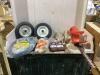 SHOP BOX W/ DOLLY WHEELS, HEDGE TRIMMER, SHEARS & MISCELLANEOUS
