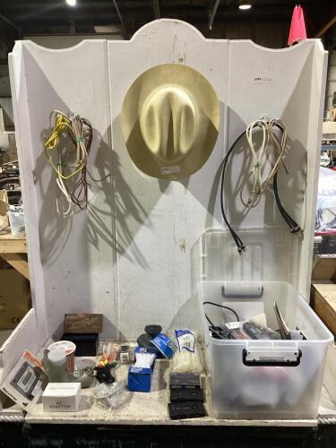 TOTE OF MISCELLANEOUS ELETRONICS W/ CABLES, CASSETTES, REMOTE, BRUSHED & AC ADAPTER
