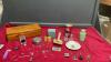 BOX OF MISC COLLECTIBLE ITEMS - OLD NAIL, GREEN GLASS, SLEEPY INDIAN ASHTRAY, CUFF LINKS, PEWTER MINI AIRPLANES/SHIPS TIC TAC TOE GAME ETC